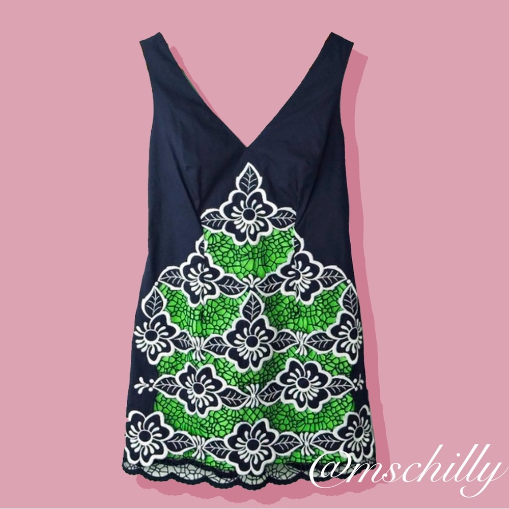 Lilly Pulitzer Sylvie Shift Dress Sleeveless Navy Blue Green Flower 0